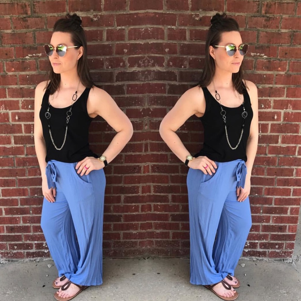 Blue Flowy Crepe Pants